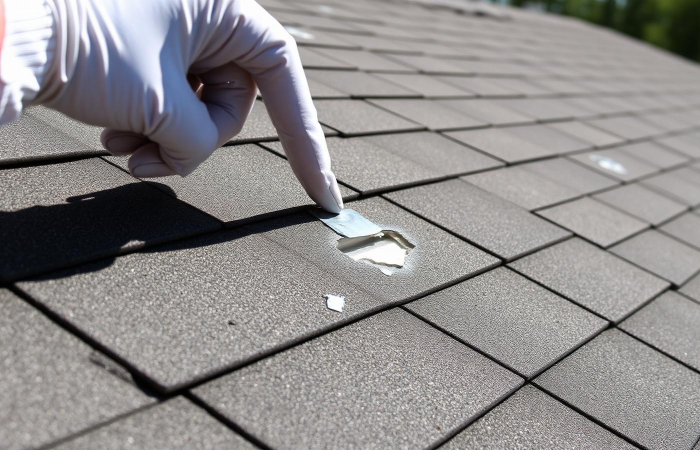 A roof inspector examining hail damage to an asphalt shingle roof
